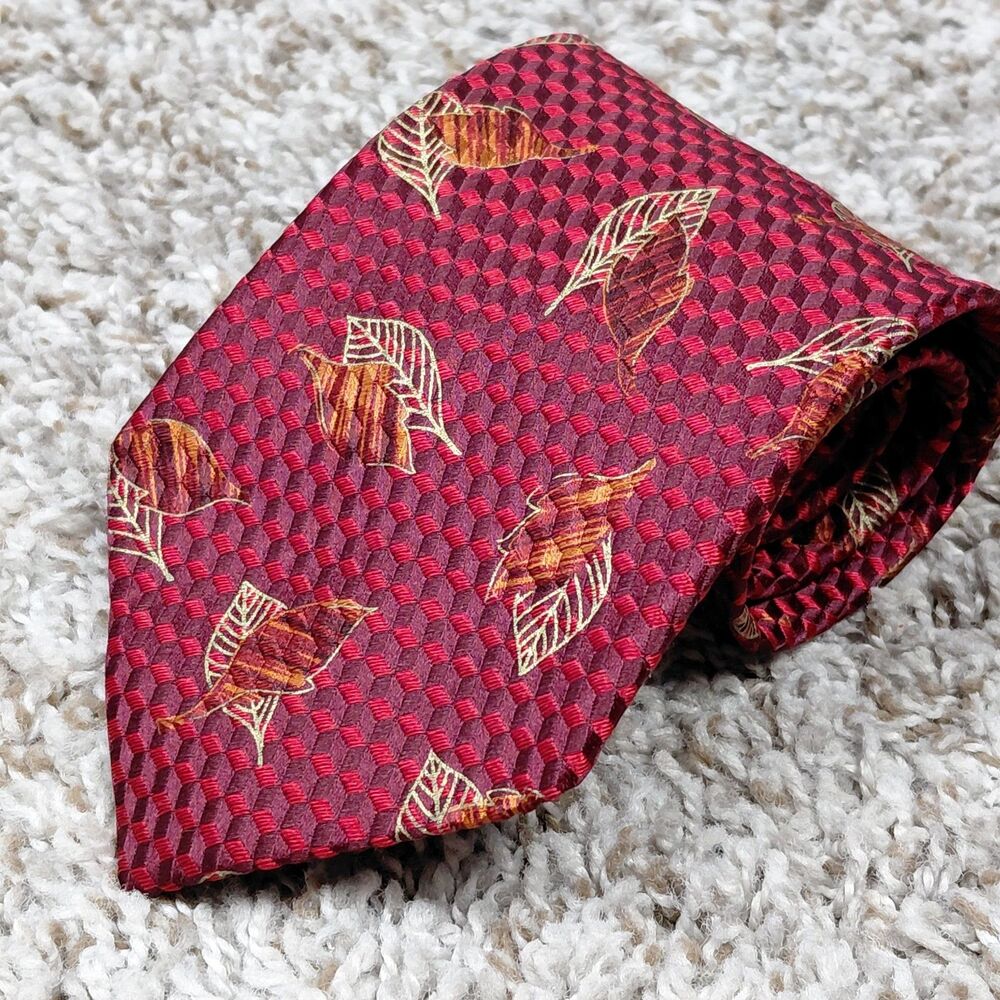 Ermenegildo Zegna Silk Neck Tie Luxury Red Gold Leaves Made In Italy